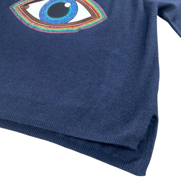 Minnie Rose 100% Cashmere Dark Blue Sweater with Evil Eye Gemstone Design Size M - Picture 3 of 11